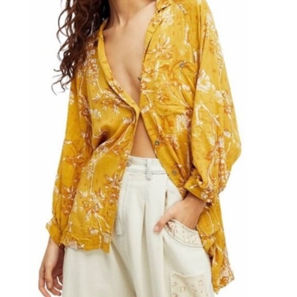 Free People We the Free "It's A Vibe" Yellow Lagenlook Long Sleeve Shirt Medium - Picture 7 of 8